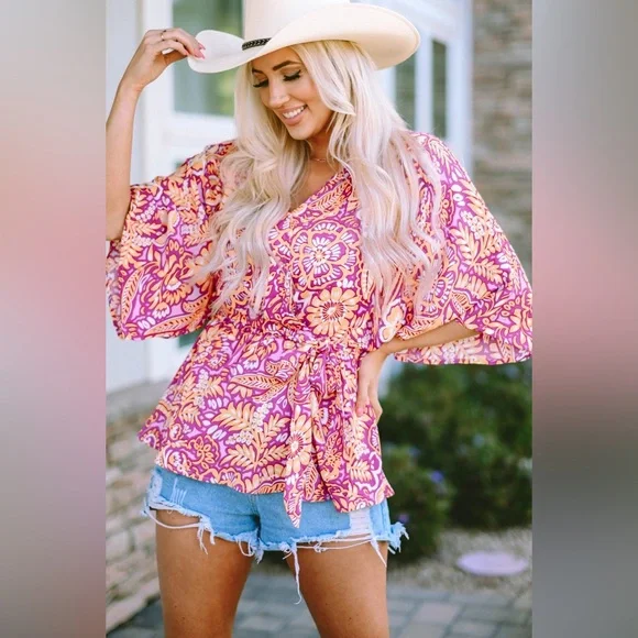 Boho Floral Print Belted Surplice Blouse Bohemian Top - Picture 1 of 15